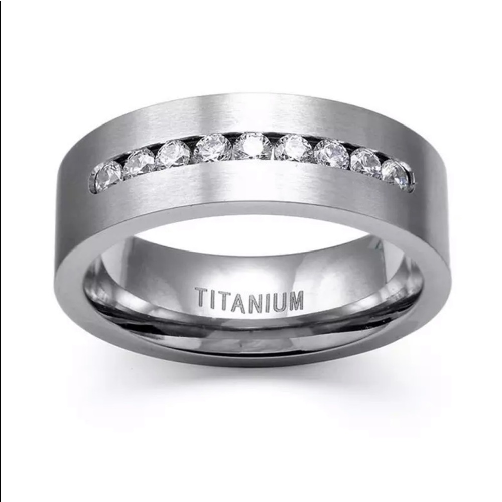 Mens 8MM Stainless Steel Titanium Studded Band - Picture 2 of 5